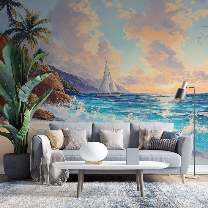 Une pièce de salon avec un papier peint mural représentant un paysage marin apaisant, où un voilier navigue sur des eaux turquoise sous un ciel pastel.