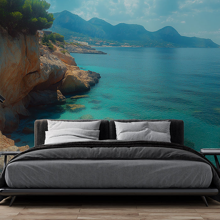 Papier peint paysage marin | Vue apaisante sur la mer turquoise et les montagnes