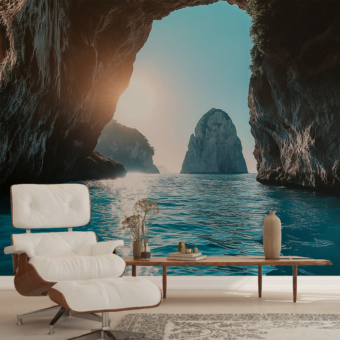 Papier peint paysage marin avec vue spectaculaire d'archipels rocheux au coucher de soleil pour salon moderne