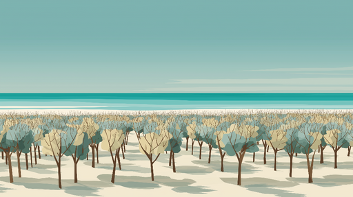 Papier peint paysage maritime Un champ de arbres stylisés face à la mer turquoise