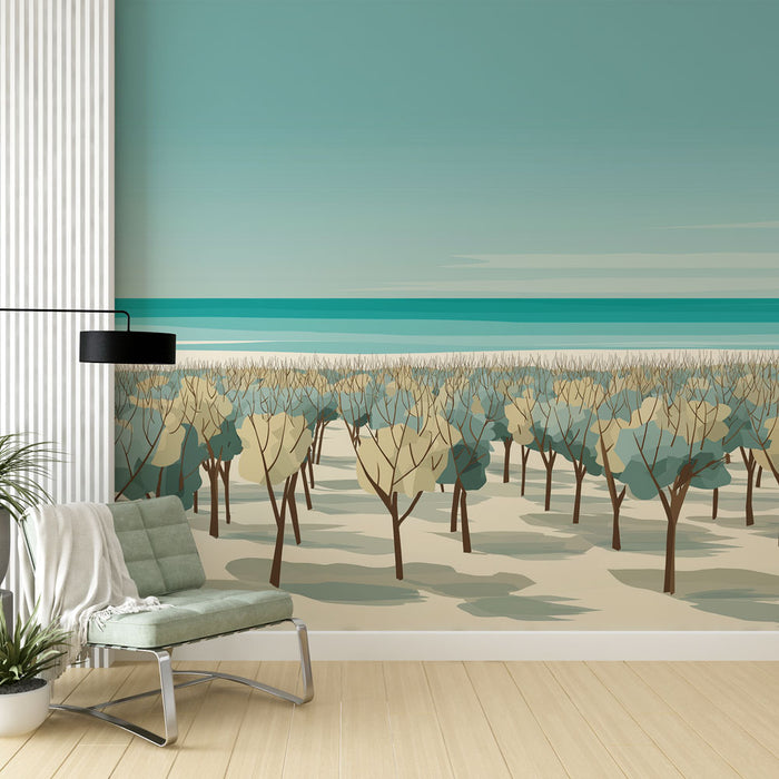 Une pièce lumineuse avec un papier peint illustrant un paysage côtier stylisé, mêlant des arbres aux teintes douces et un ciel apaisant.