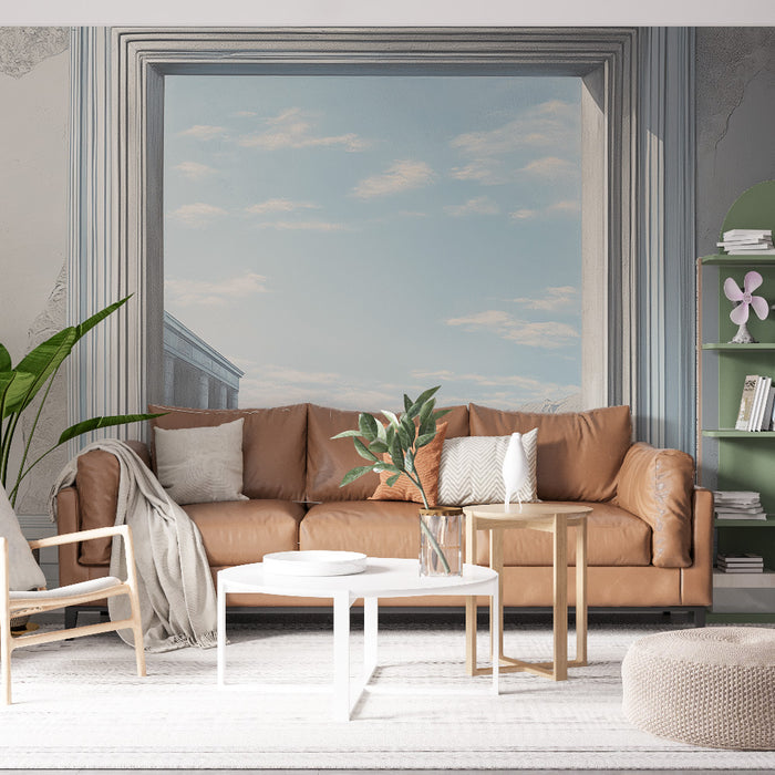 Un salon contemporain avec un papier peint représentant un ciel bleu parsemé de nuages, créant une atmosphère légère et apaisante.