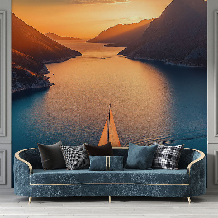 Un salon élégant avec un papier peint représentant un paysage marin au coucher de soleil, mêlant des teintes orange et bleues apaisantes.