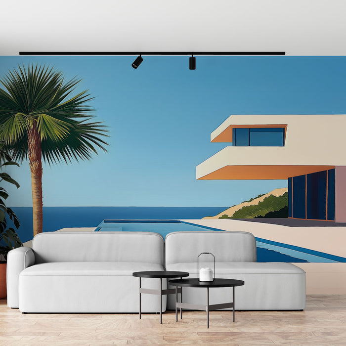 Un salon moderne avec un papier peint illustrant une villa contemporaine face à la mer, évoquant une ambiance estivale et sereine.