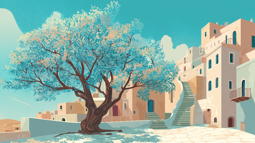 Papier peint paysage méditerranéen Scène de village avec un arbre vibrant et des maisons pastel