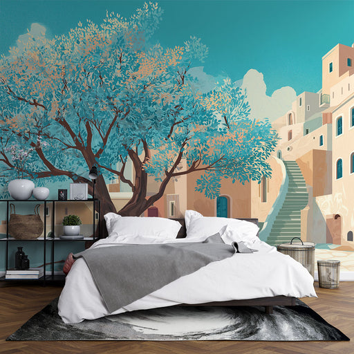 Une chambre moderne avec un papier peint représentant un grand arbre aux feuilles turquoise et un paysage méditerranéen apaisant, créant une atmosphère sereine et accueillante.