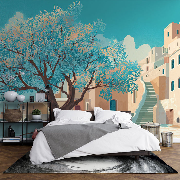 Une chambre moderne avec un papier peint représentant un grand arbre aux feuilles turquoise et un paysage méditerranéen apaisant, créant une atmosphère sereine et accueillante.