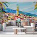 Papier peint paysage méditerranéen avec ville colorée au bord de la mer pour salon moderne
