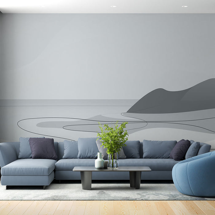 Un salon contemporain avec un papier peint abstrait en nuances de gris représentant des formes fluides évoquant un paysage minimaliste et apaisant.