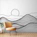 Papier peint paysage minimaliste avec lignes ondulées et soleil pour salon moderne