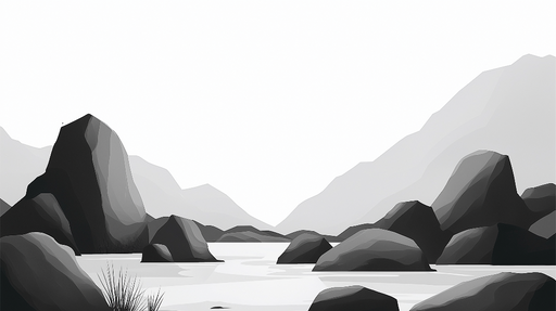Papier peint paysage minimaliste Rochers stylisés au bord d'une eau tranquille