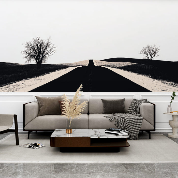 Un salon contemporain avec un papier peint monochrome représentant une route sinueuse au milieu de collines, créant une atmosphère à la fois sereine et mélancolique.