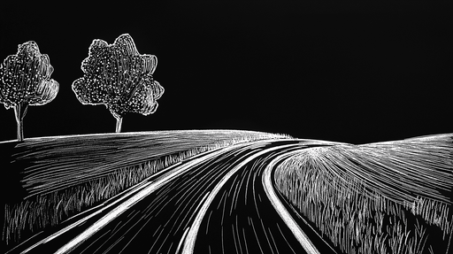 Papier peint paysage minimaliste Route sinueuse et arbres stylisés sur fond noir