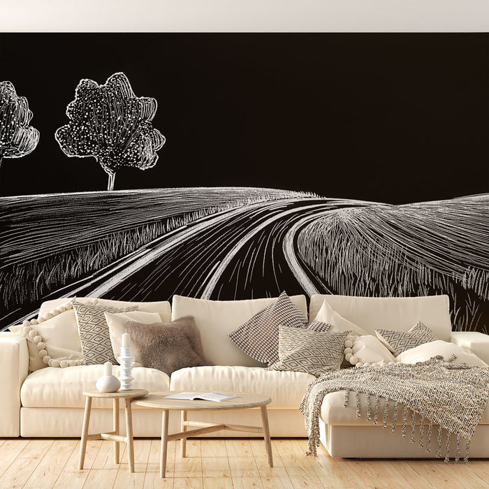 Papier peint paysage minimaliste | Route sinueuse et arbres stylisés sur fond noir