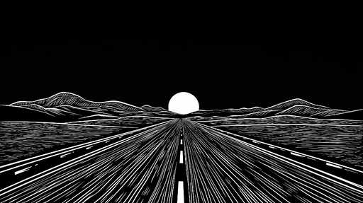 Papier peint paysage minimaliste Route vers un lever de soleil dans un style graphique noir et blanc