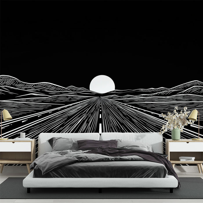 Une chambre moderne avec un papier peint graphique noir et blanc représentant une route s'étendant vers un soleil levant, créant une atmosphère dynamique et contemplative.