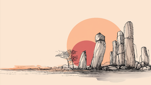 Papier peint paysage minimaliste Silhouettes de rochers et soleil pastel