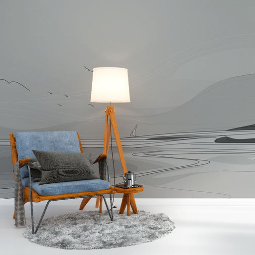 Une pièce moderne avec un papier peint gris clair illustrant des paysages minimalistes en lignes fluides, créant une atmosphère apaisante et contemporaine.