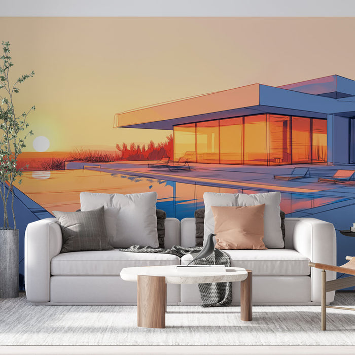 Un salon moderne avec un papier peint représentant une villa contemporaine au coucher de soleil, aux teintes orange et bleue créant une atmosphère chaleureuse et relaxante.