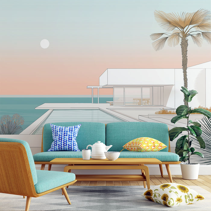 Une pièce moderne avec un papier peint représentant un paysage minimaliste au coucher de soleil, mêlant des teintes pastel et des lignes épurées évoquant une ambiance sereine et estivale.