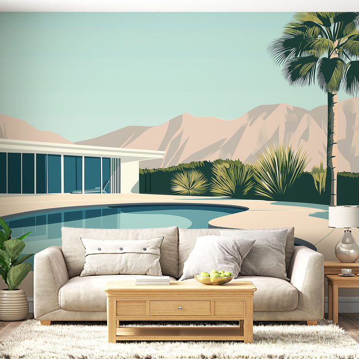 Une pièce de vie moderne avec un papier peint illustrant une vue de piscine entourée de montagnes et de palmiers, créant une ambiance estivale et relaxante.