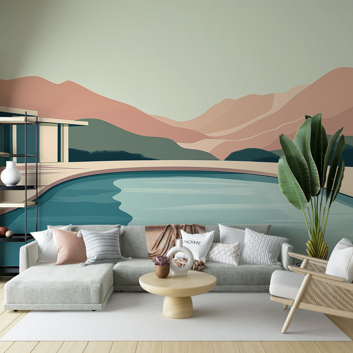 Un salon moderne avec un papier peint mural représentant des montagnes stylisées aux teintes douces de rose et de vert, créant une ambiance sereine et apaisante.