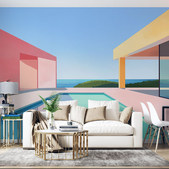 Un salon moderne avec un papier peint représentant une vue abstraite sur la mer, aux teintes pastel et une ambiance sereine et estivale.