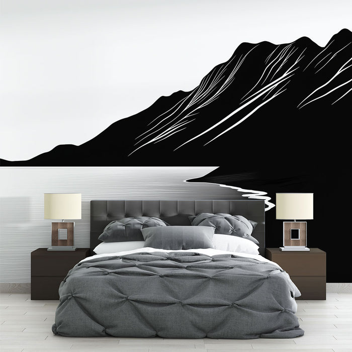 Une chambre moderne avec un papier peint représentant des montagnes stylisées en noir et blanc, créant une ambiance apaisante et minimaliste.