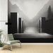 Papier peint paysage monochrome avec montagnes et colonnes pour salon moderne