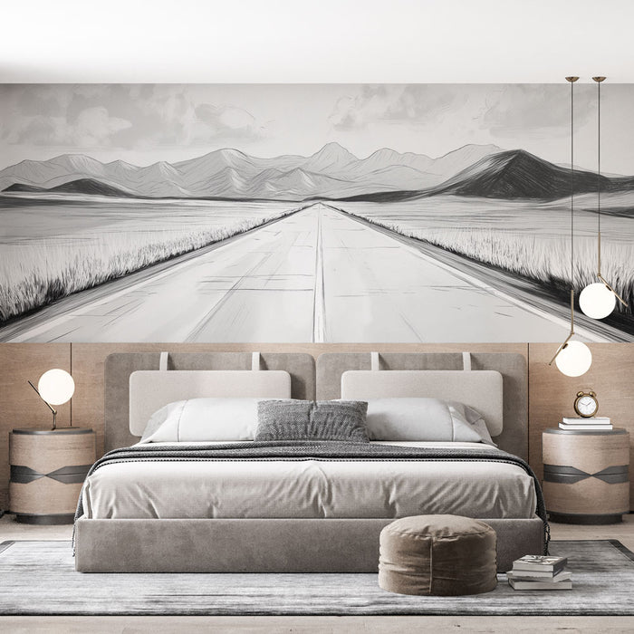 Une chambre moderne avec un papier peint monochrome représentant une route s'étendant vers des montagnes, créant une atmosphère apaisante et contemplative.