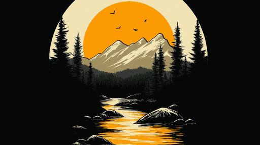 Papier peint paysage montagnard Montagnes au coucher de soleil avec ruisseau