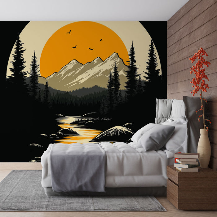 Papier peint paysage montagnard | Montagnes au coucher de soleil avec ruisseau