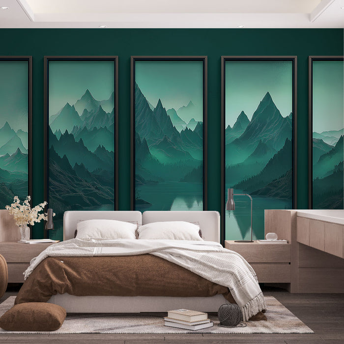 Une chambre apaisante avec un papier peint représentant des montagnes stylisées en dégradé de verts, créant une atmosphère naturelle et sereine.