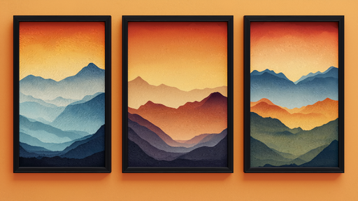 Papier peint paysage montagnard Série de tableaux avec dégradés d'orange et de bleu