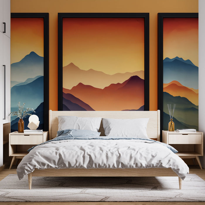 Papier peint paysage montagnard | Série de tableaux avec dégradés d'orange et de bleu