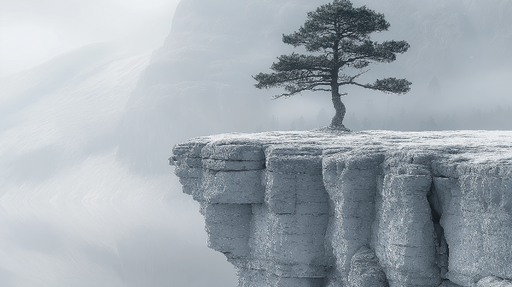 Papier peint paysage montagneux Arbre solitaire sur un plateau embrumé