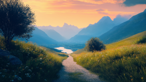 Papier peint paysage montagneux Chemin sinueux à travers la vallée en fleurs