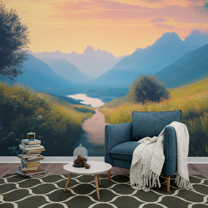 Une pièce de vie accueillante avec un papier peint représentant un paysage montagneux au coucher de soleil, dégageant une atmosphère sereine et naturelle.