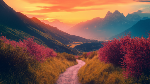 Papier peint paysage montagneux Chemin sinueux entouré de fleurs rosées et montagnes majestueuses