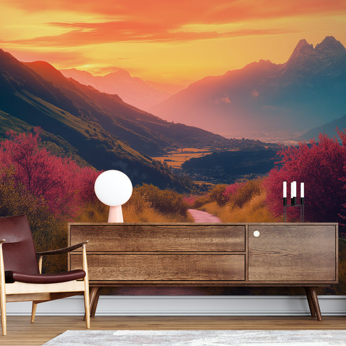 Une salle de séjour moderne avec un papier peint représentant un paysage montagneux au coucher de soleil, mêlant des teintes chaudes et des touches florales vibrantes.