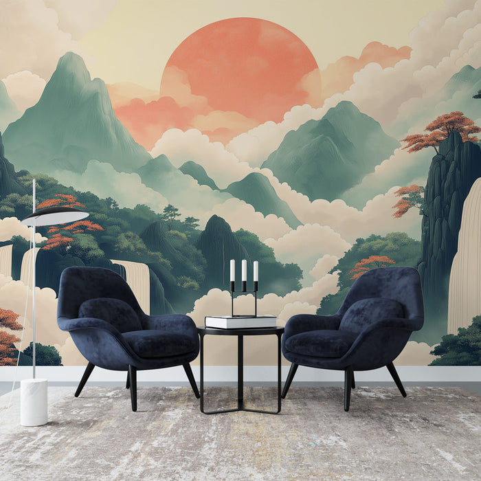 Une pièce moderne avec un papier peint représentant des montagnes stylisées et un soleil orangé, évoquant une ambiance sereine et poétique.