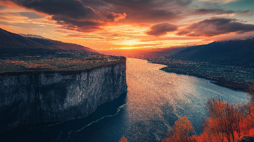 Papier peint paysage montagneux Coucher de soleil spectaculaire sur une vallée entourée de falaises