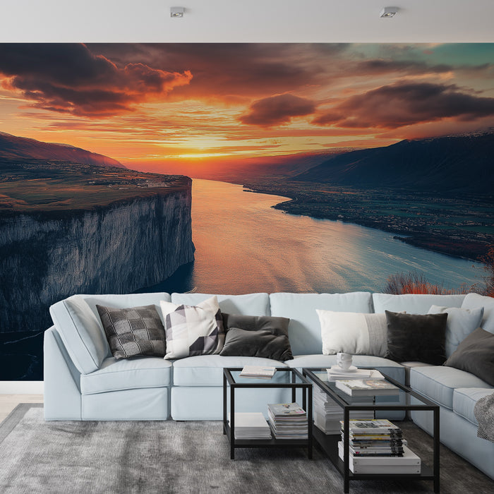 Un salon contemporain avec un papier peint représentant un paysage montagneux au coucher de soleil, dégageant une ambiance apaisante et naturelle.