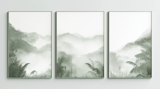 Papier peint paysage montagneux Douces nuances de vert dans un décor brumeux