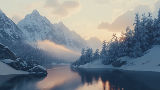 Papier peint paysage montagneux enneigé Un panorama hivernal apaisant avec des montagnes majestueuses et un lac paisible