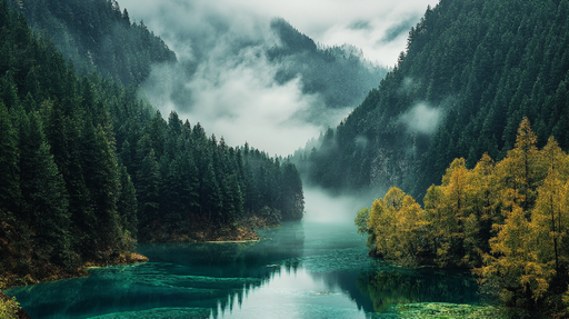 Papier peint paysage montagneux Forêt dense et lac embrumé