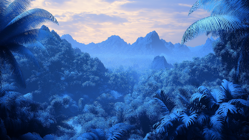 Papier peint paysage montagneux Forêt tropicale bleue au crépuscule