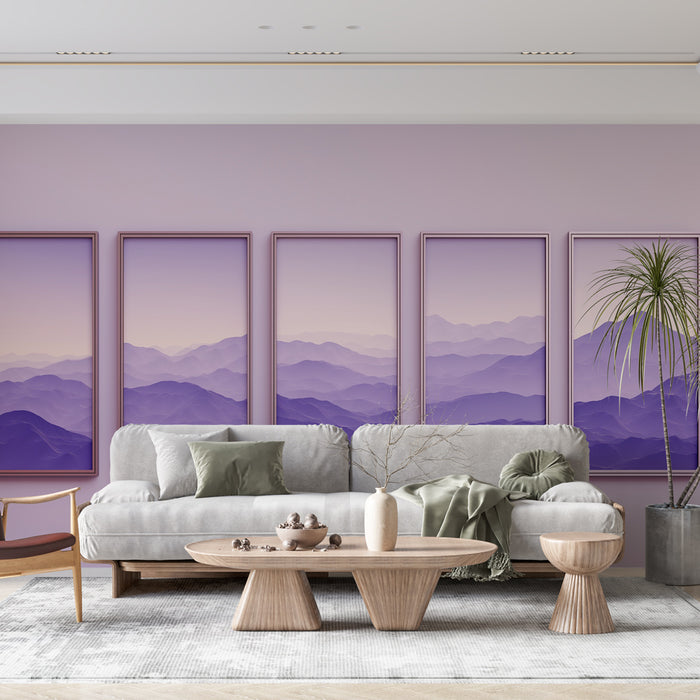 Un salon moderne avec un papier peint violet dégradé représentant des montagnes, créant une atmosphère apaisante et élégante.