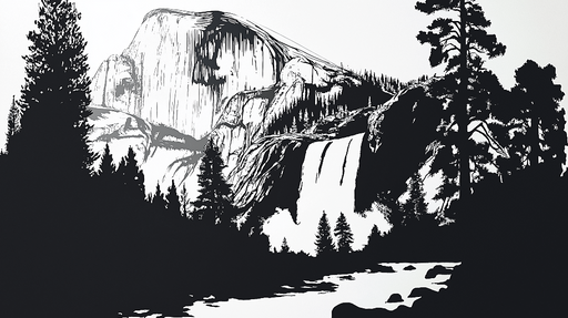 Papier peint paysage montagneux Illustration monochrome de cascades et montagnes