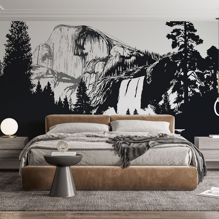 Papier peint paysage montagneux | Illustration monochrome de cascades et montagnes